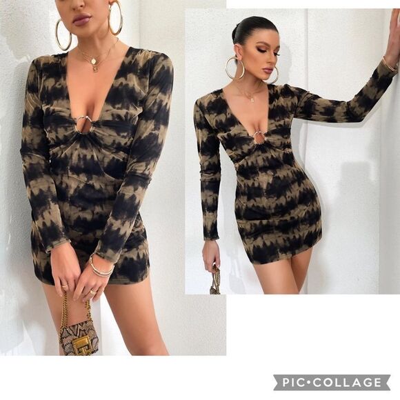 Zara Brown black long sleeve V-neck tulle mini dress Sz L NWT - Picture 4 of 15